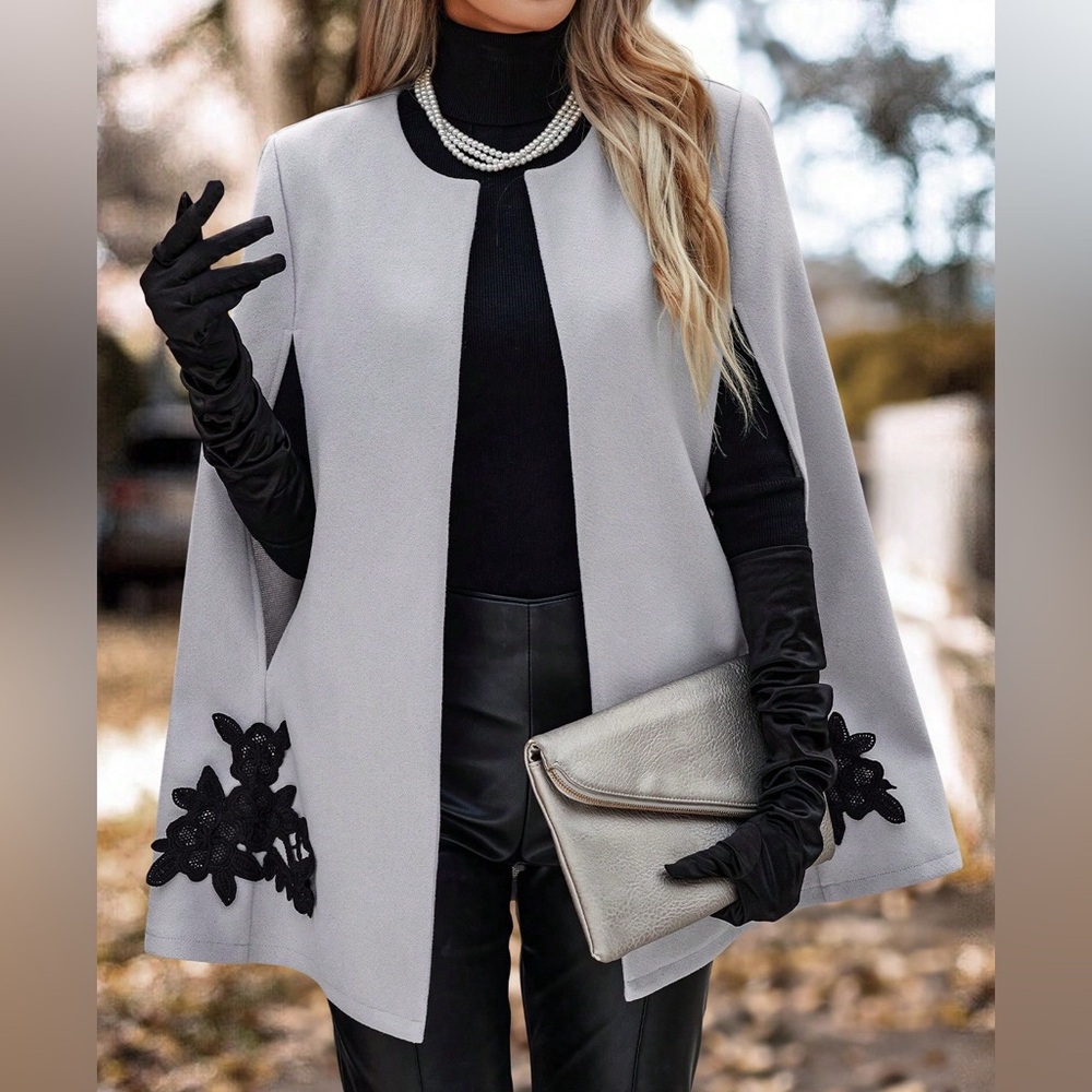 Women's Clasi Floral Embroidery
Cloak Sleeve Open Front Overcoat